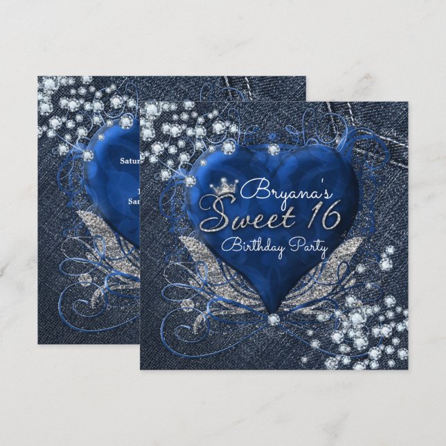 Denim & Diamonds Heart Sweet 16-festinvitationer Inbjudningar (Fram/baksida)