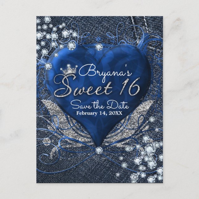 Denim & Diamonds Heart Sweet 16 Party Spara Date Meddelande Vykort (Framsida)