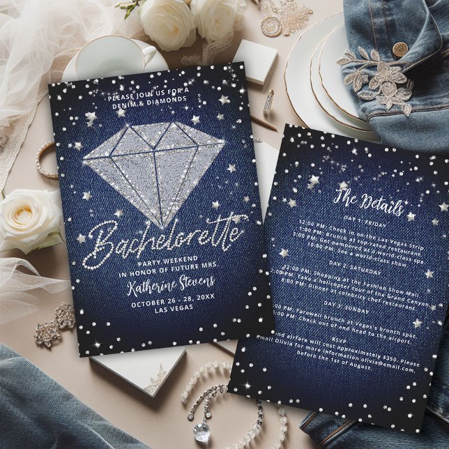Denim Diamonds Itinerary Bling Bachelorette Party Inbjudningar (denim diamonds bachelorette party itinerary invitation classy stylish white blue jeans elegant chic)
