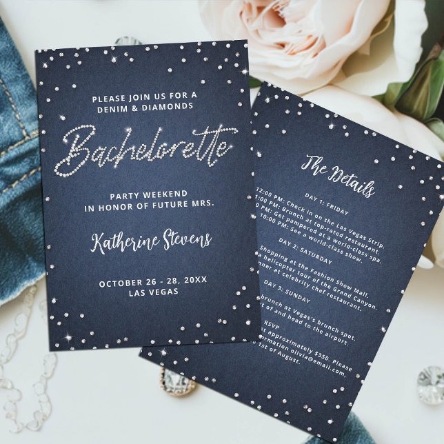 Denim Diamonds Itinerary Blue Bachelorette Party Inbjudningar (denim and diamonds bachelorette invitation itinerary glitter bling glitz glam blue white classy chic)