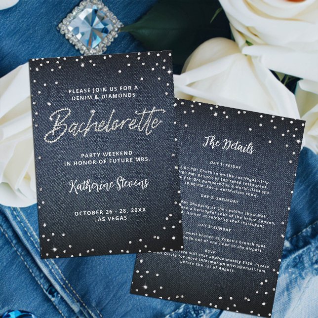 Denim Diamonds Itinerary Classy Bachelorette Party Inbjudningar (denim and diamonds bachelorette invitation itinerary glitter bling glitz glam blue white classy)