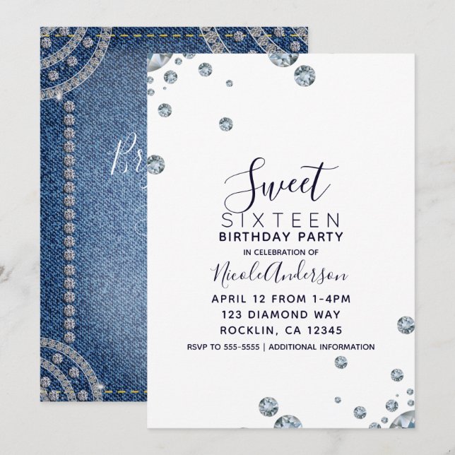 Denim & Diamonds Jean Birthday Sweet 16 Party Inbjudningar (Fram/baksida)