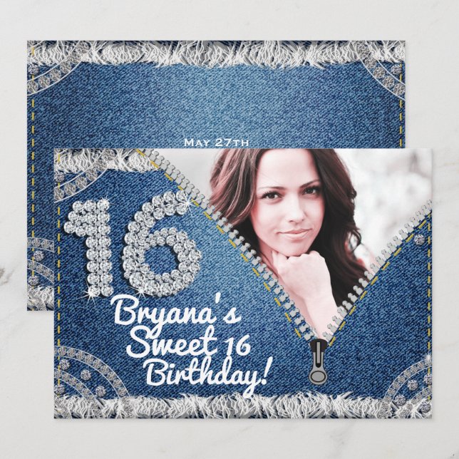 Denim & Diamonds Jean Dragkedja Sweet 16 fotofest  Inbjudningar (Fram/baksida)