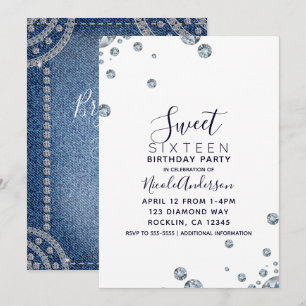 Denim & Diamonds Jean Födelsedags Söt 16 Fest Inbjudningar