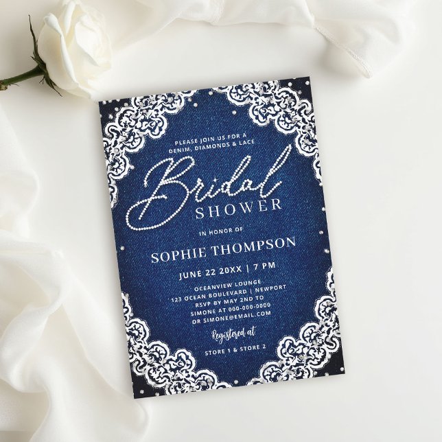 Denim Diamonds Lace Elegant Blå Bröllopsdusch Inbjudningar (denim diamonds and lace bridal shower invitations template blue and white elegant classy modern)