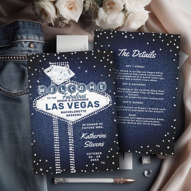 Denim Diamonds Las Vegas Bling Bachelorette Party Inbjudningar (denim diamonds bachelorette party invitation weekend itinerary girls bridesmaids trip las vegas)
