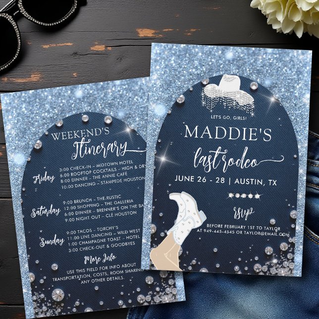 Denim Diamonds Last Rodeo Bling Arch Bachelorette Inbjudningar (denim and diamonds bachelorette party invite last rodeo glam bling itinerary blue glitter arch)