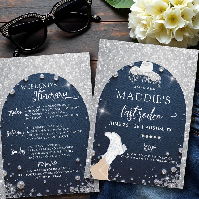 Denim Diamonds Last Rodeo Glam Arch Bachelorette Inbjudningar (denim and diamonds bachelorette party invite last rodeo glam bling itinerary glitter arch)