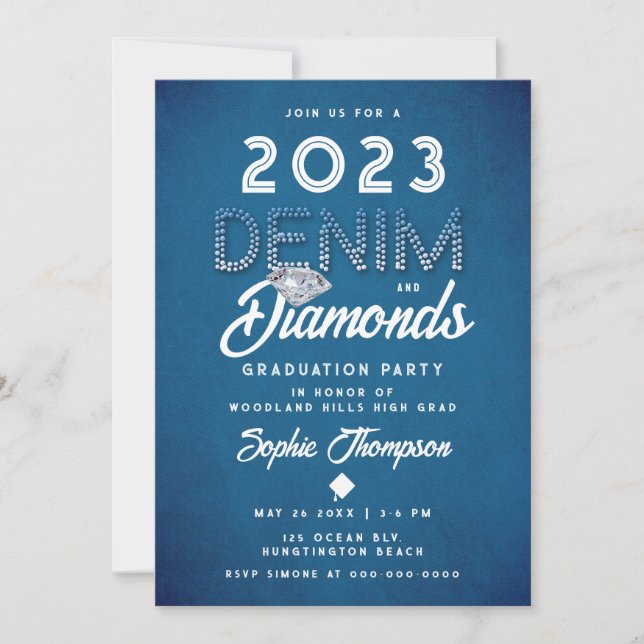 Denim Diamonds Lettering Modern Studentfest Inbjudningar (Framsida)