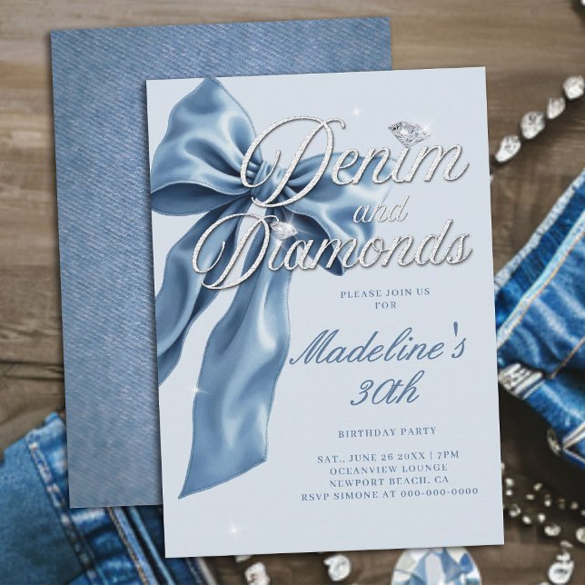 Denim Diamonds Ljusblå Rosett 30-årsfest Inbjudningar (denim and diamonds 30th birthday party invitation blue white bow bling sparkles classy)