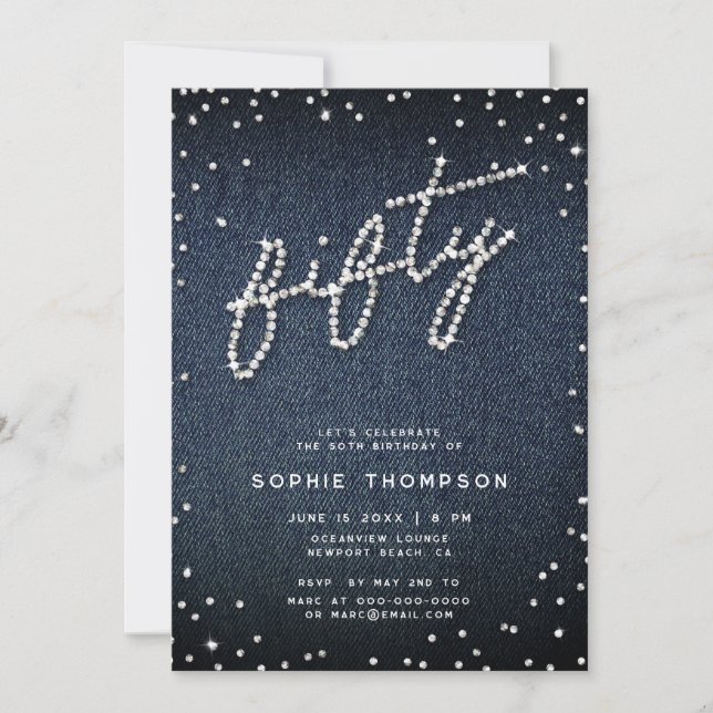 Denim Diamonds Modern Calligraphy 50 Birthday Inbjudningar (Framsida)