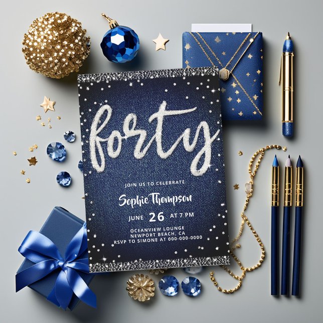 Denim Diamonds Modern Glam Classy 40:e födelsedage Inbjudningar (denim diamonds 40th birthday glam rhinestones calligraphy classy bling stylish trendy modern elegant)