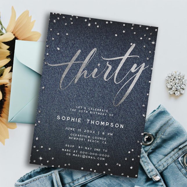 Denim Diamonds Modern Minimalist 30års födelsedag Inbjudningar (denim diamonds 30th birthday invitation for women elegant modern minimalist calligraphy classy)