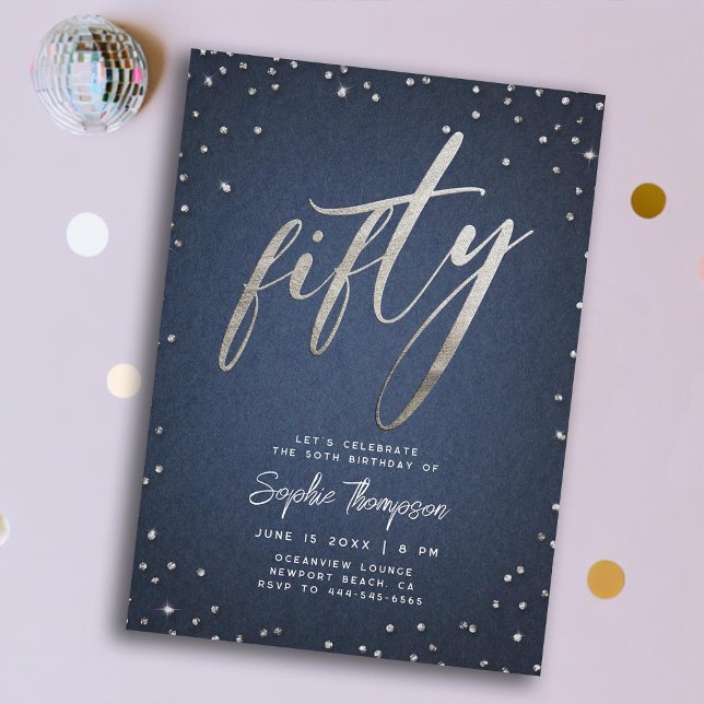 Denim Diamonds Modern Minimalist 50:e födelsedagen Inbjudningar (denim diamonds 50th birthday invitation for women elegant classy modern calligraphy faux foil fifty)