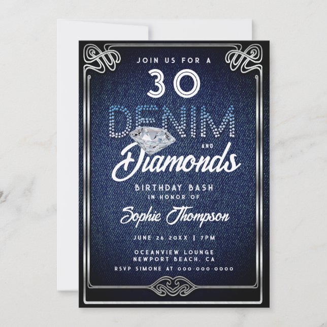 Denim Diamonds Nouveau Ram 30års födelsedag Party Inbjudningar (Framsida)
