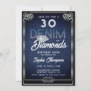 Denim Diamonds Nouveau Ram 30års födelsedag Party Inbjudningar