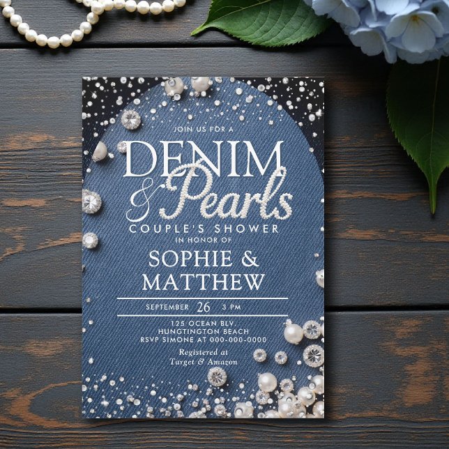 Denim Diamonds Pearls Blue Arch Chic par Shower Inbjudningar (denim and pearls couple shower invitation bridal wedding diamonds blue white arch elegant his hers)