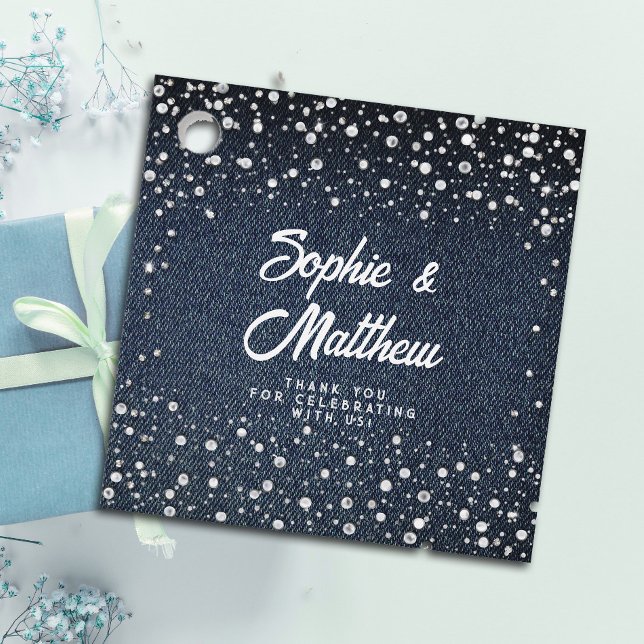 Denim Diamonds Pearls Blue Couple Möhippa Gåvor Etiketter (denim pearls couple wedding shower favor tag blue jeans white coed his hers jack jill casual classy)