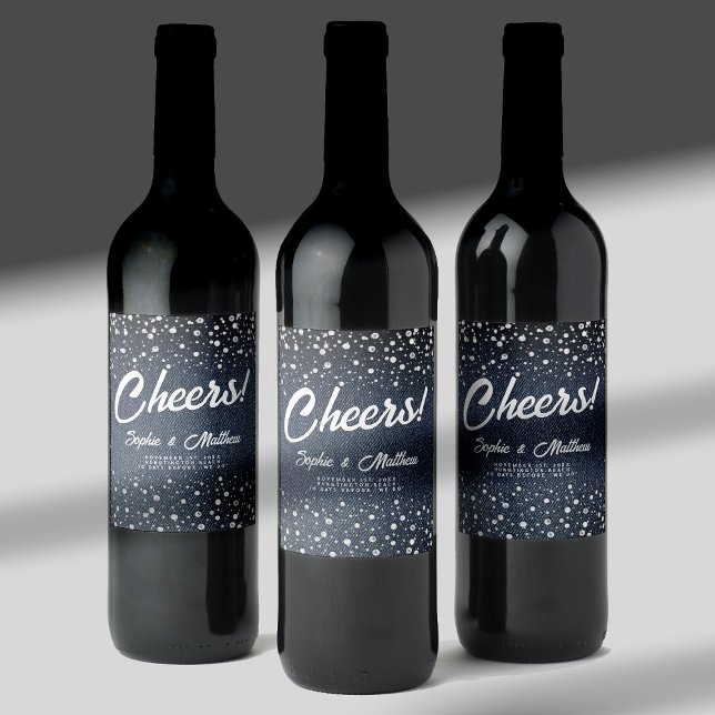 Denim Diamonds Pearls Blue Couple Möhippa Vinflaska Etikett (denim pearls couple wedding shower personalized wine label blue jeans white coed his hers jack jill )