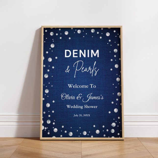 Denim Diamonds Pearls Blue Couppes Shower Välkomme Poster (Denim Diamonds Pearls Blue Couple's Shower Welcome Sign )