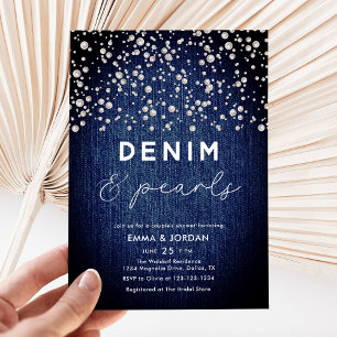 Denim Diamonds Pearls Blue Elegant Par Shower Inbjudningar