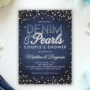 Denim Diamonds Pearls Blue Modern Couple Shower Inbjudningar