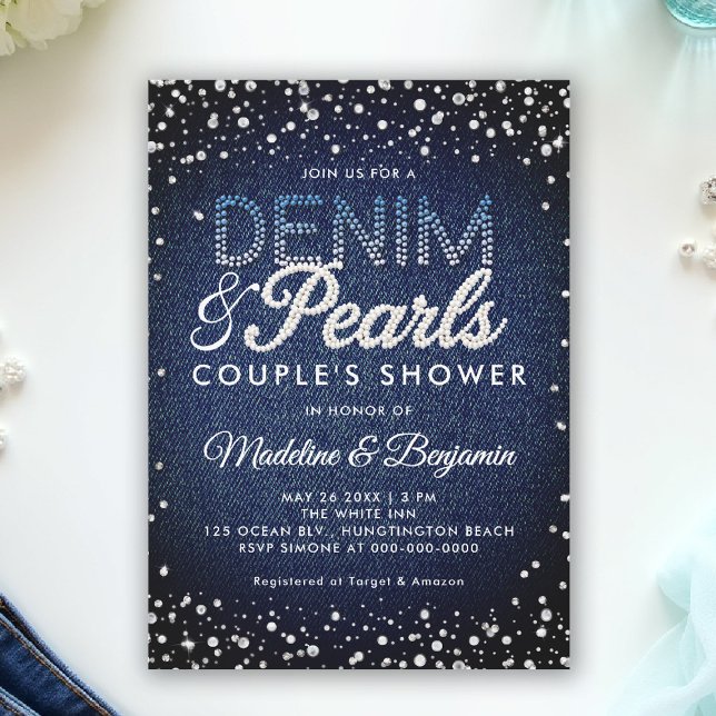 Denim Diamonds Pearls Blue Modern Couple Shower Inbjudningar (denim and pearls couple shower invitation coed jack jill blue white elegant modern classy chic)