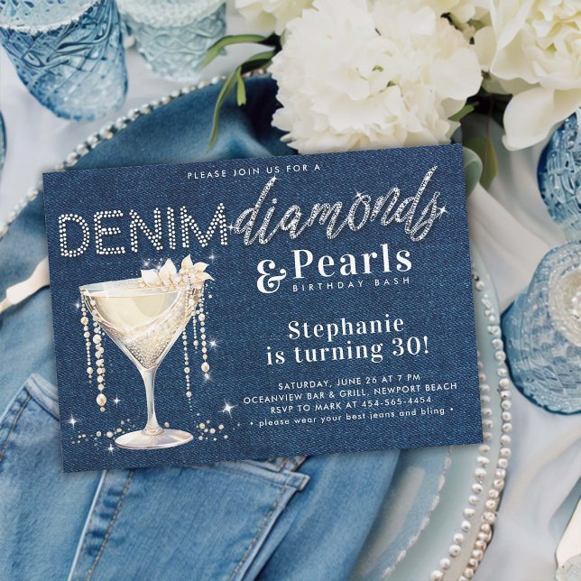 Denim Diamonds Pearls Champagne Blue Chic Birthday Inbjudningar (denim diamonds pearls birthday party invitation template classy elegant country rustic champagne)