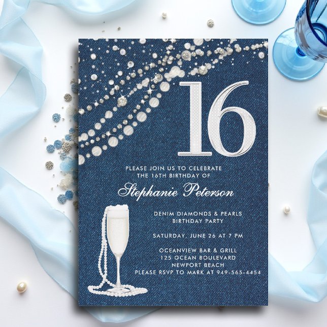 Denim Diamonds Pearls Champagne  ElegantSweet 16 Inbjudningar (sweet 16 sixteen invitation denim diamonds pearls blue white champagne bling elegant classy photo)