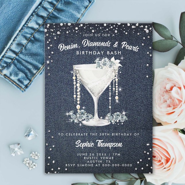Denim Diamonds Pearls Champagne Kopp Födelsedagsfe Inbjudningar (denim diamonds pearls birthday party invitation card elegant classy champagne bling glam glitz spark)