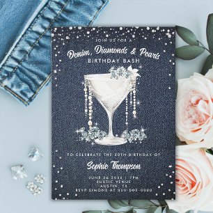 Denim Diamonds Pearls Champagne Kopp Födelsedagsfe Inbjudningar