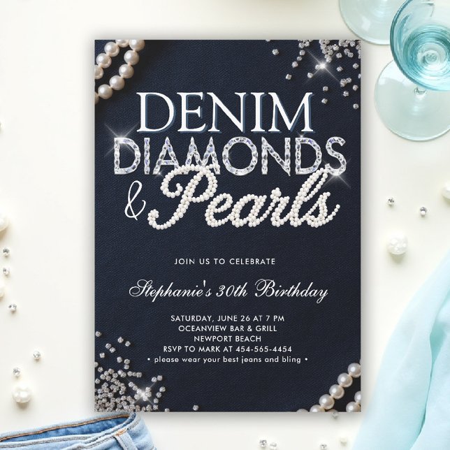 Denim Diamonds Pearls Chic Classy Elegant Birthday Inbjudningar (denim diamonds and pearls party ideas modern classy elegant blue white invites)