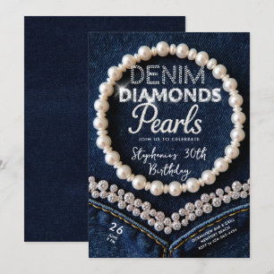 Denim Diamonds Pearls Chic Classy Modern Birthday Inbjudningar