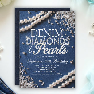 Denim Diamonds Pearls Chic Classy Snyggt Birthday Inbjudningar