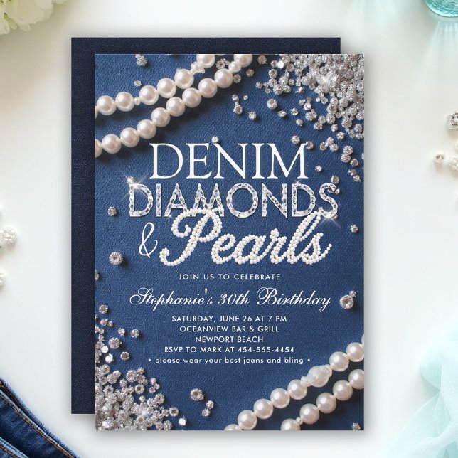 Denim Diamonds Pearls Chic Classy Snyggt Birthday Inbjudningar (denim diamonds and pearls party ideas modern classy elegant blue white invites diy invites templates)