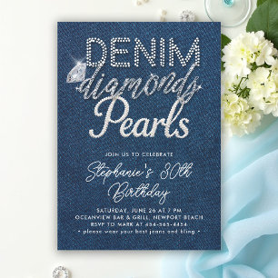 Denim Diamonds Pearls Chic Type Classy Birthday Inbjudningar