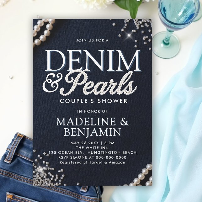 Denim Diamonds Pearls Elegant Blå par Shower Inbjudningar (denim and pearls couple wedding shower invitation coed jack jill blue white elegant modern trendy)