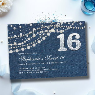 Denim Diamonds Pearls Elegant Classy Chic Sweet 16 Inbjudningar