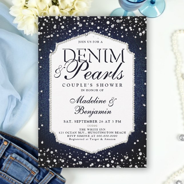 Denim Diamonds Pearls Elegant Ram Möhippa Inbjudningar (denim and pearls couple wedding shower invitation coed jack jill blue white elegant classy frame)