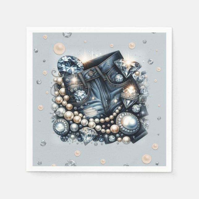 Denim Diamonds & Pearls Jeans Bling Födelsedagsfes Pappersservett (Framsidan)