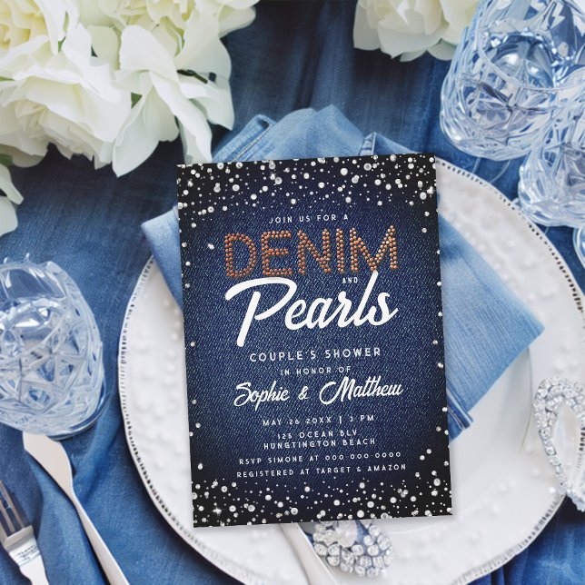 Denim Diamonds Pearls Modern Elegant - par duschar Inbjudningar (denim diamonds pearls couple wedding shower invitation blue brown brass elegant classy rustic chic)