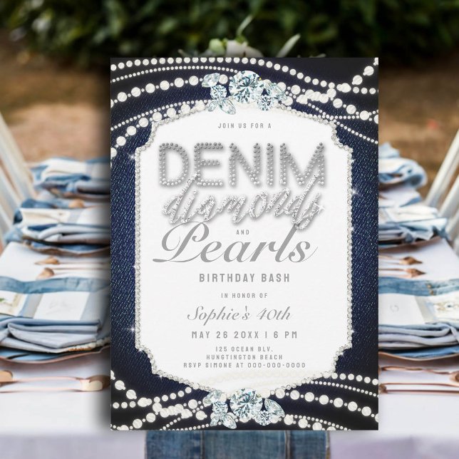 Denim Diamonds Pearls Ram 40:e födelsedagen Party Inbjudningar (denim and diamonds 40th birthday invitations for women pearls frame classy bling glitz glam rustic)
