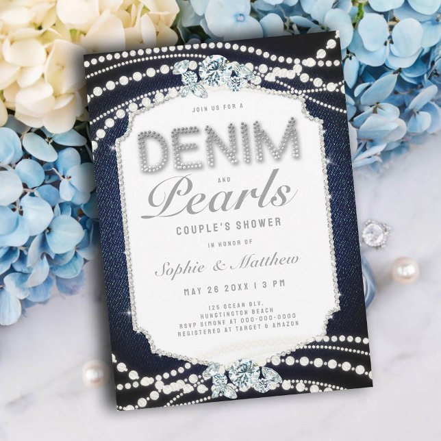 Denim Diamonds Pearls Ram Coed Möhippa Inbjudningar (wedding shower ideas denim diamonds pearls invitations coed jack jill couples blue elegant casual)