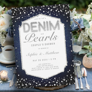 Denim Diamonds Pearls Ram Elegant bröllop Shower Inbjudningar
