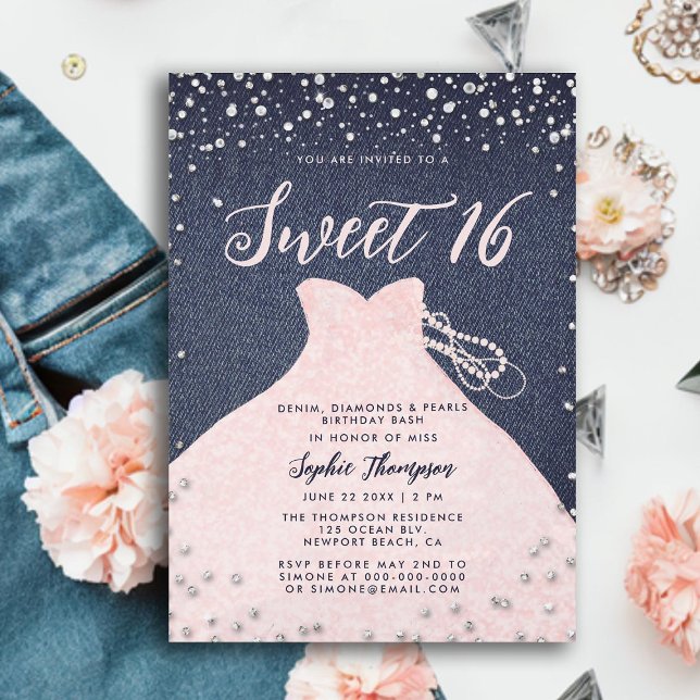 Denim Diamonds Pearls Rosa Princess Dress Sweet 16 Inbjudningar (denim diamonds pearls princess dress sweet 16 invitation elegant modern trendy girly chic blue pink)