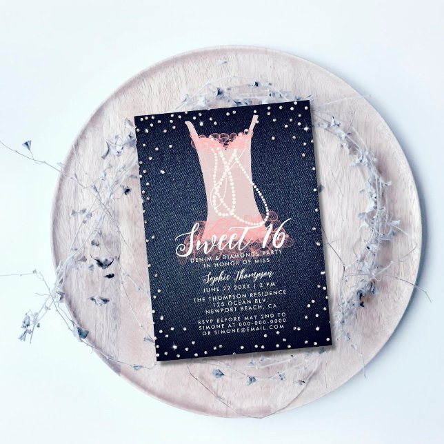 Denim Diamonds Pearls Rosa Tutu Sweet 16 Party Inbjudningar (Skapare uppladdad)