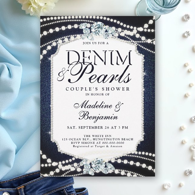 Denim Diamonds Pearls Snyggt Ram Möhippa Inbjudningar (denim and pearls couple wedding shower invitation coed jack jill blue white elegant modern frame)