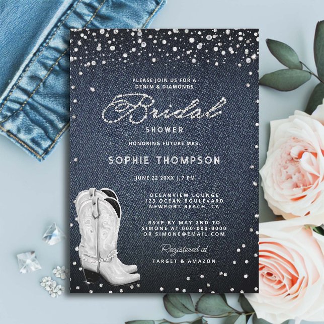 Denim Diamonds Pearls Westerna Boots Möhippa Inbjudningar (denim and diamonds pearls bridal shower invitation white cowgirl boots western country elegant class)