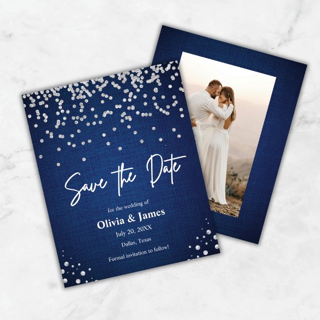 Denim & Diamonds Photo Bröllop spara datum Card (Budget Modern Elegant Denim and Diamonds Photo Wedding Save The Date Card )