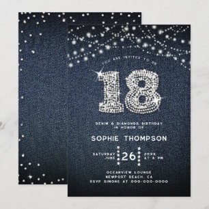 Denim Diamonds Rhinestones Elegant 18:e födelsedag Inbjudningar